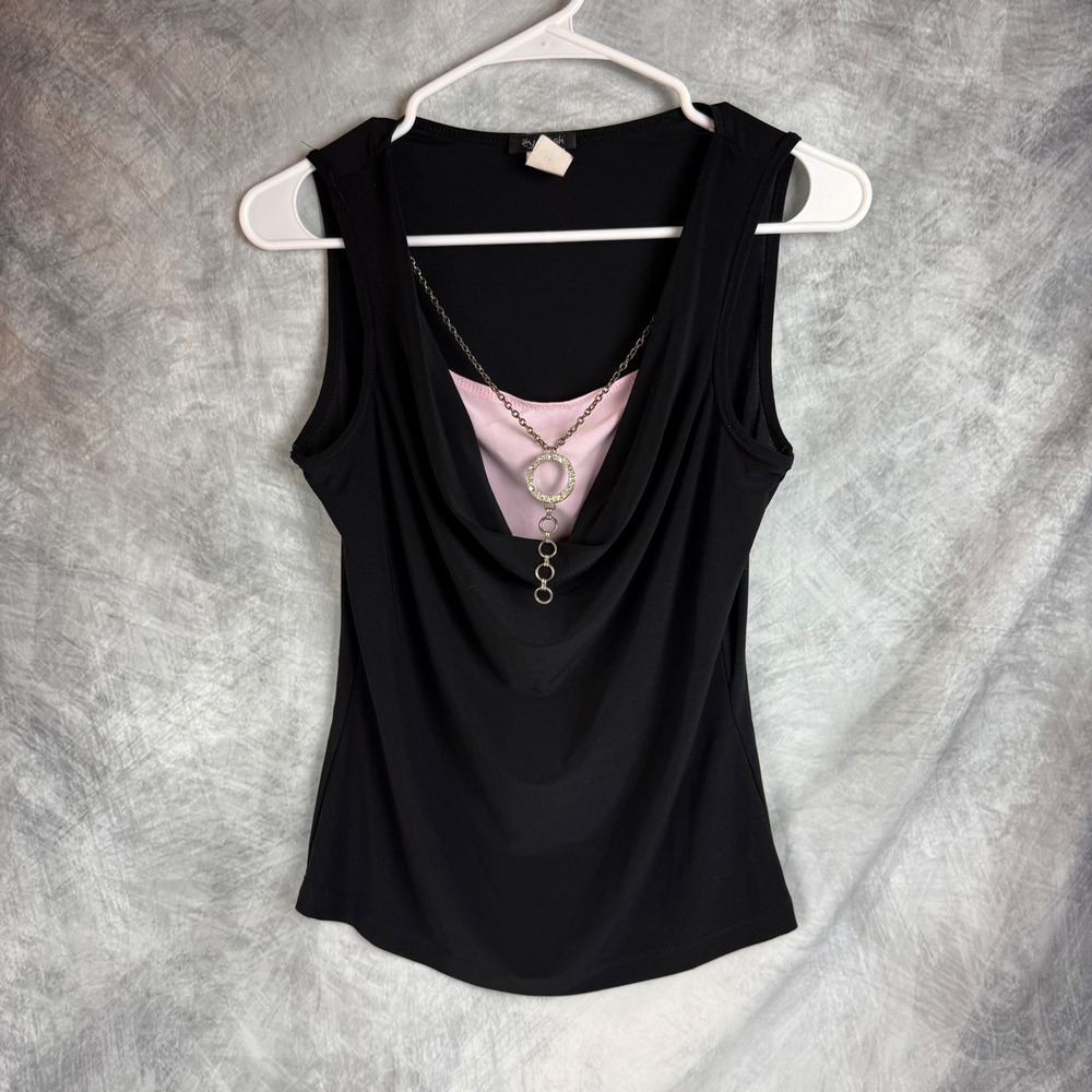 Eyelash Womens Large Black Pink Cowl Neck Sleeveless Top Rhinestone Necklace Y2K